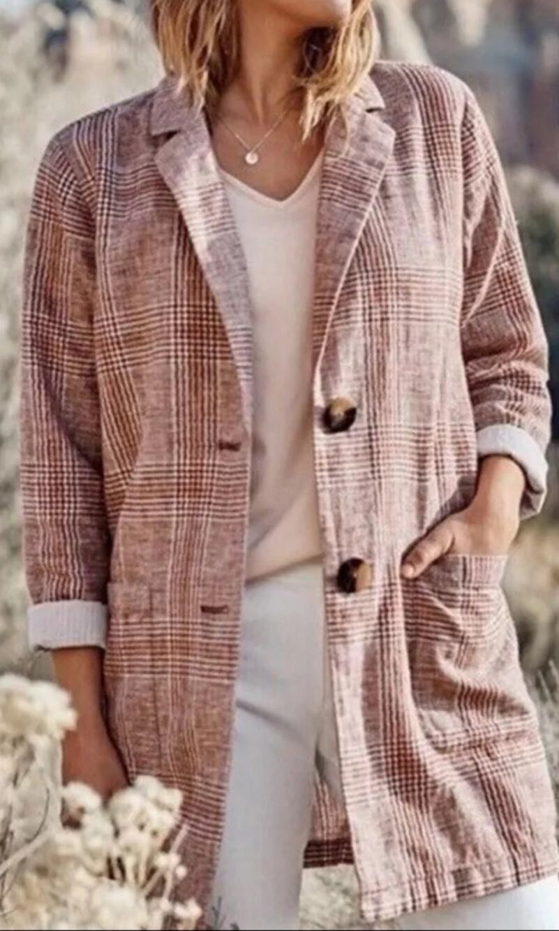J.Jill Linen Cotton Checkered Plaid Oversized Light Weight Blazer Size Medium